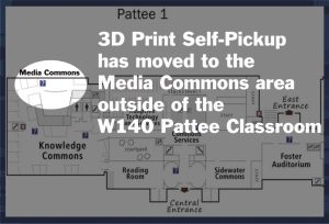 University Park 3D Print Self Pickup area is outside of W140 Pattee Library across from the Media Commons Service Desk.  Envelopes are alphabetized by last name.