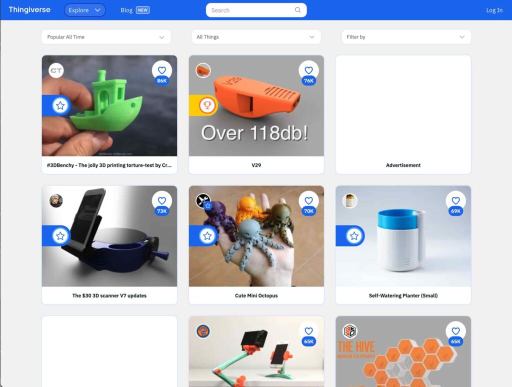 Screenshot Thingiverse home page